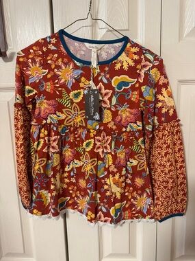 Matilda Jane Maroon Floral Peplum Tunic with Blue Trim size 8